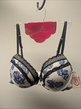 Candie's 36B Blue Floral Lace Push-Up Bra Mesh See Thru Sides New